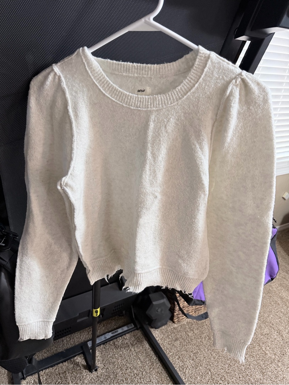 aerie White Puff-Sleeve Crewneck Sweater